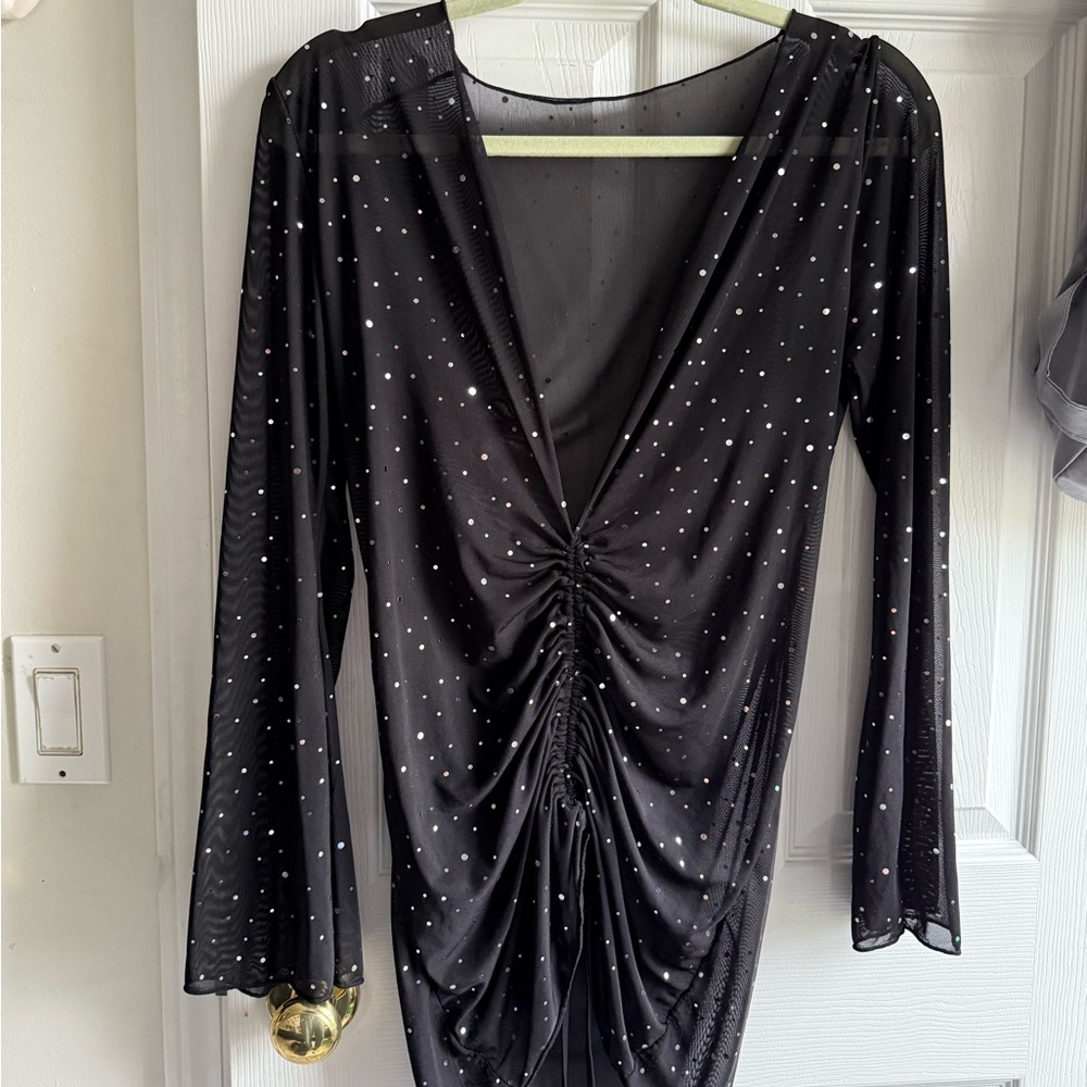 SHEIN Black Ruched Dress with White Polka Dots